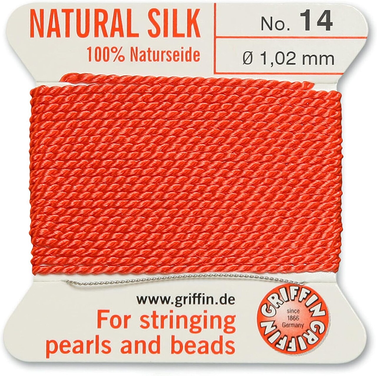 Griffin Silk Bead Cord Perlseide – Size 14 (1.02mm) – 2 Meters per Card – Stainless Steel Needle Attached – for Knotting Pearls, Gemstones, Crystals and Beads